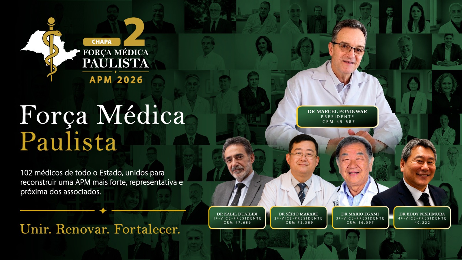 Chapa 2 - Força Médica Paulista - APM 2026. Dr. Marcel Ponikwar (Presidente) e vice-presidentes Dr. Kalil Duailibi, Dr. Sérgio Makabe, Dr. Mário Egami e Dr. Eddy Nishimura.